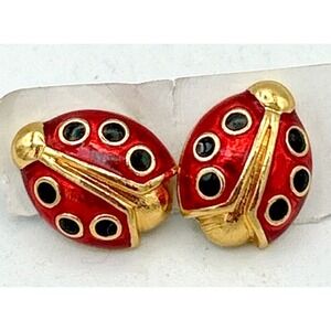 Avon Gold Tone Black Red Enamel Ladybug Insect Womens Pierced Stud Earrings 0.6"